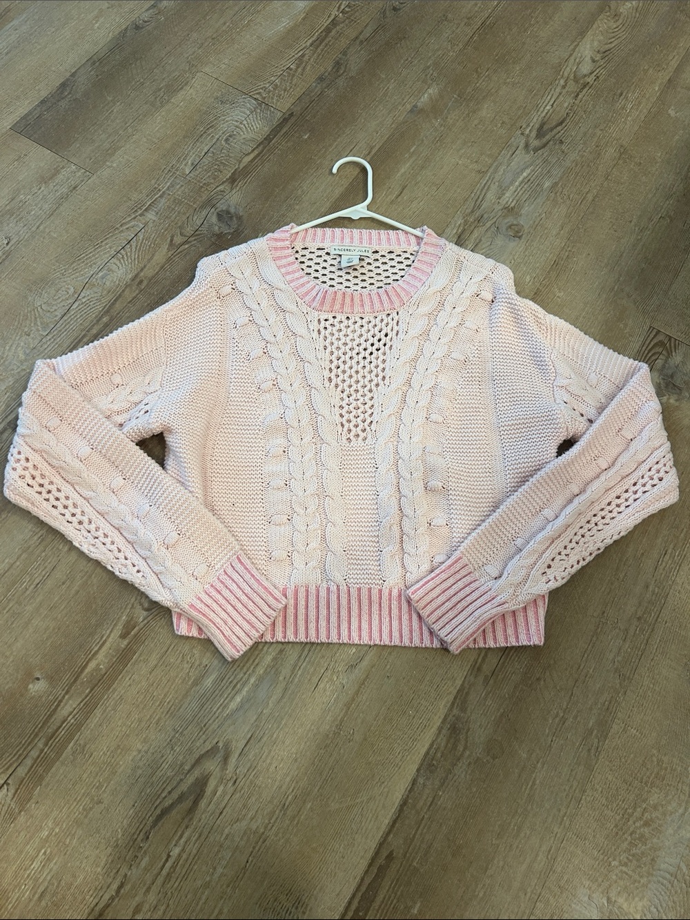 Pale Pink Cable Knit Crewneck Sweater
